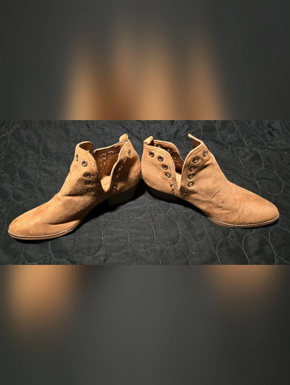 Women's Suede Ankle Booties in Tan with Grommet Detail